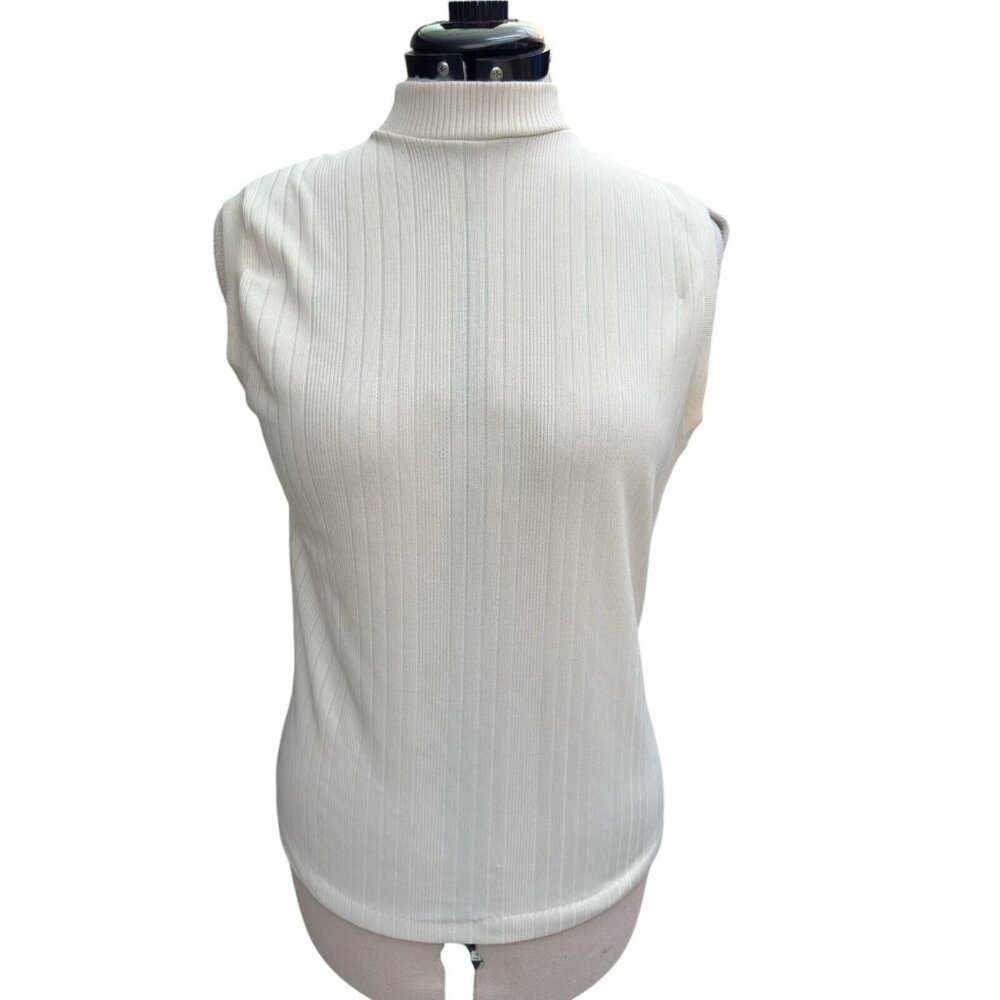 Vintage Textured Polyester Mock Neck Sleeveless Top Cream Size XL